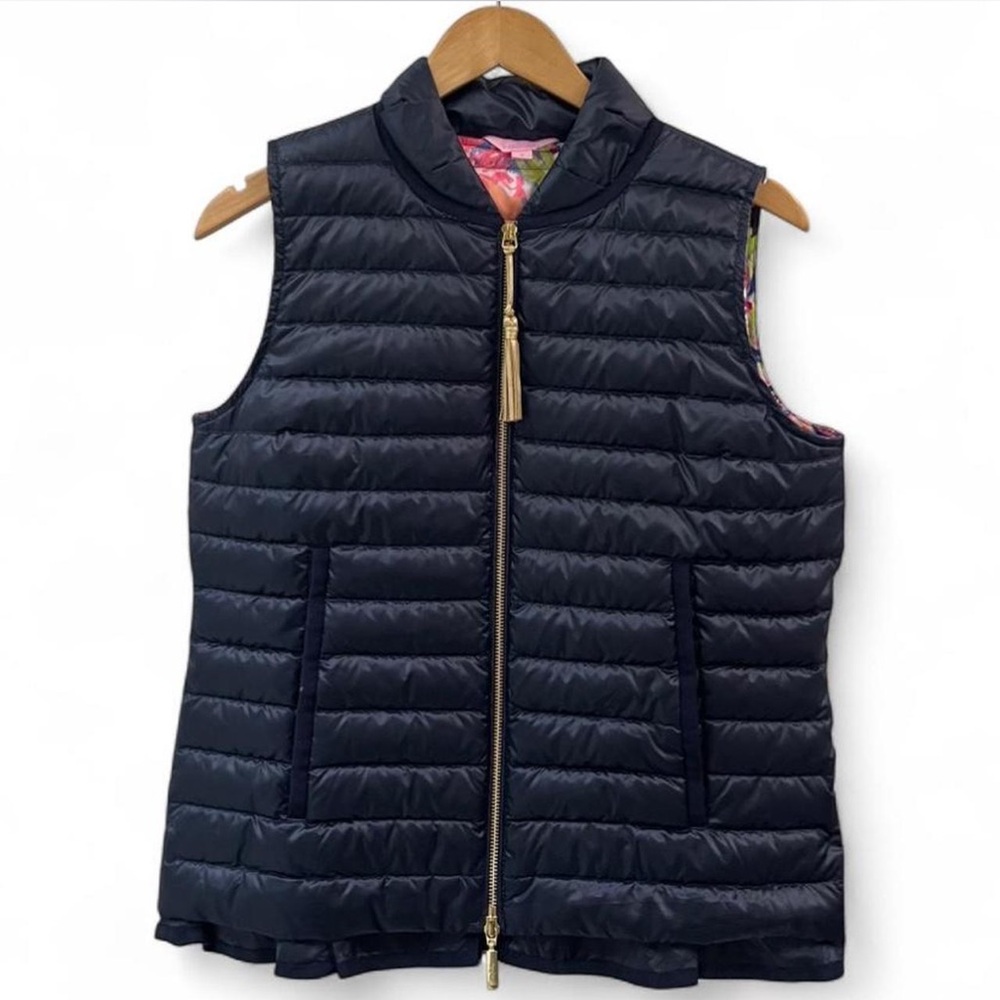 Lilly Pulitzer Cora Puffer Vest in True Navy with tasseled zipper